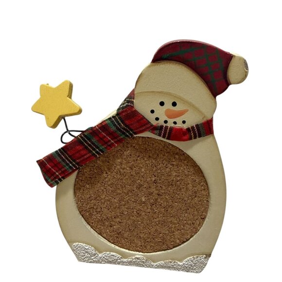 Christmas Snowman Coaster Set & Holder 6 Wooden Coasters Cork Base Holiday - Picture 6 of 7
